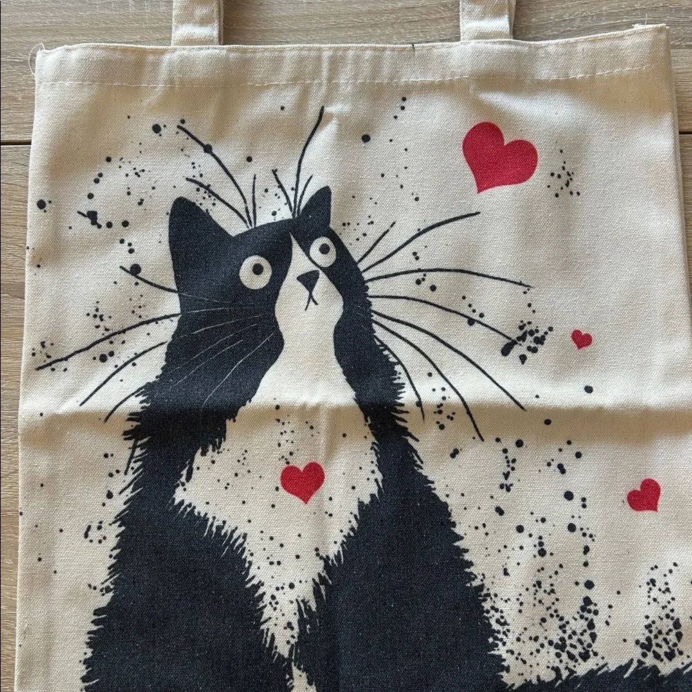 Cat-Themed Canvas Tote Bag - Black and Cream